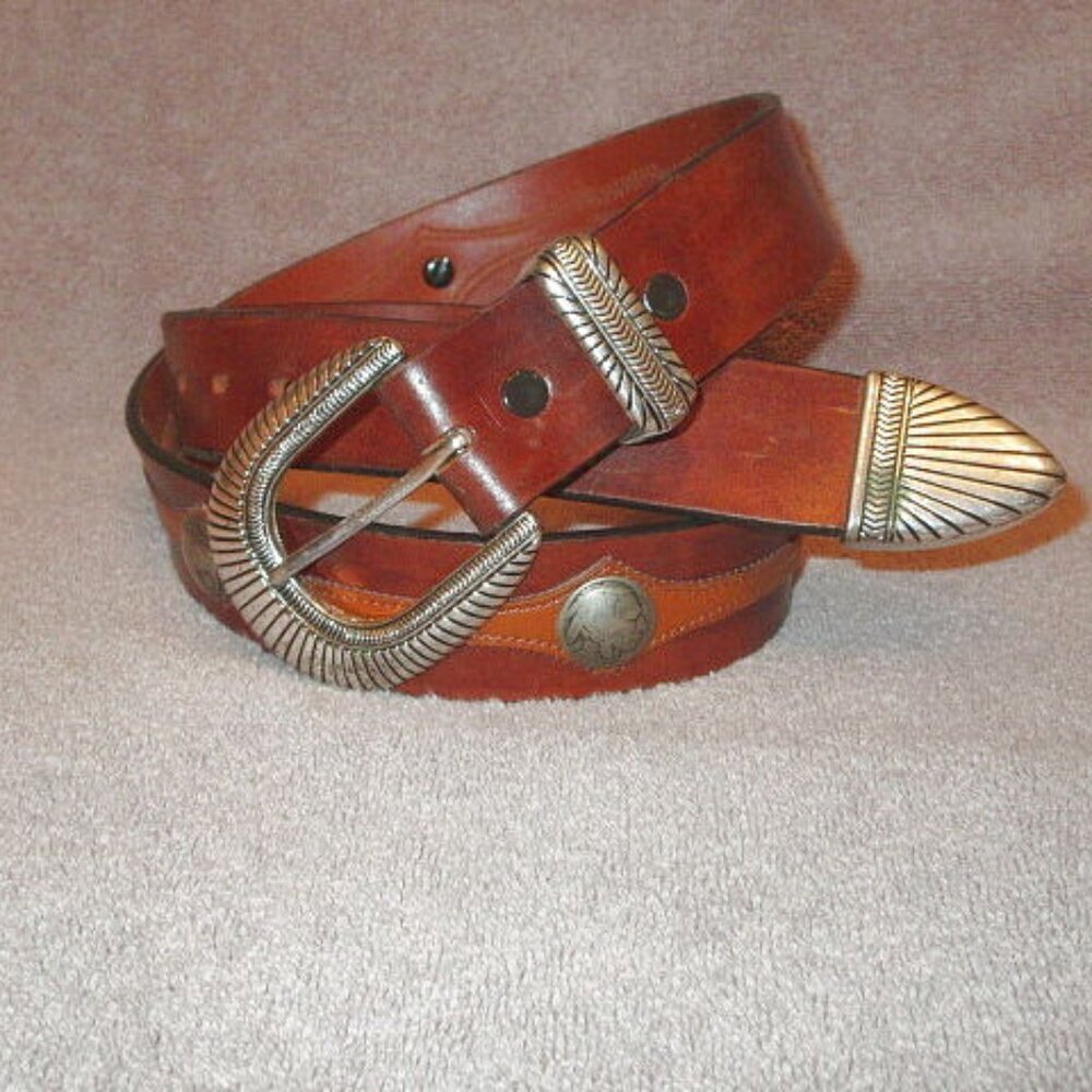Vtg Buffalo Nickels Indian Head Leather Belt Size 40 Conches Western Cowboy USA